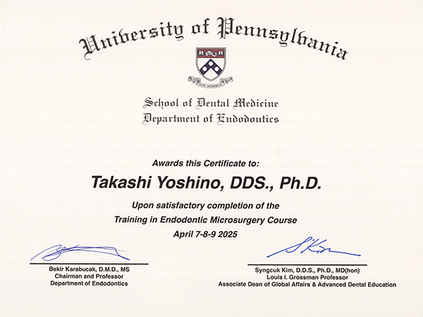 米国式歯内療法資格賞状2
